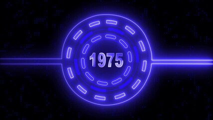 1975 text with screen effects of technological failures. Concept of counting years. 4k animation video.