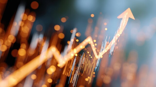 Ascending Trend: Capturing the essence of progress, an illuminated upward arrow soars against a backdrop of blurred lights, symbolizing growth and success.