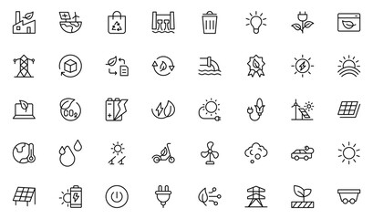 Renewable Energy Icon Set, alternative sources energy. Eco icon collection. Editable stroke. Vector illustration.Thin outline icons pack. Vector illustration. editable stroke
