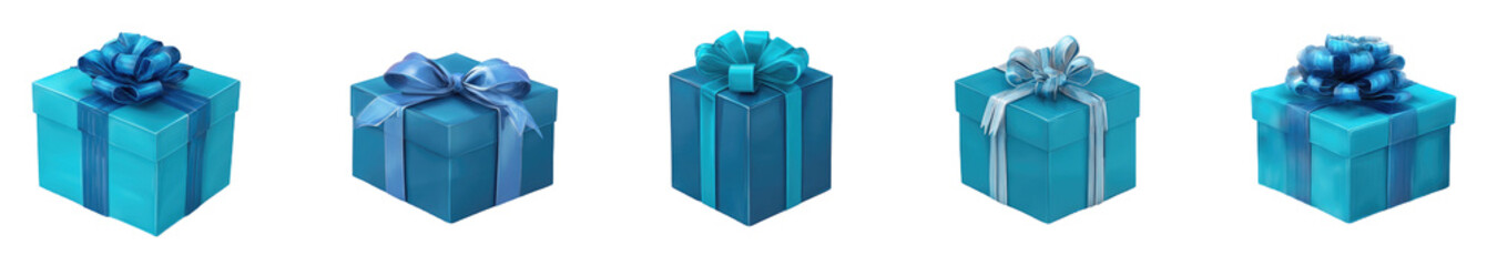 Four pixelated turquoise gift boxes with light blue bows