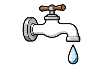 A cartoon illustration of a faucet with a dripping water drop, representing water conservation isolated on transparent background