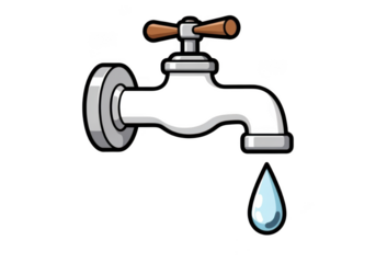 A cartoon illustration of a faucet with a dripping water drop, representing water conservation isolated on transparent background