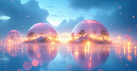 Fototapeta premium Fantastic landscape features glowing domes reflecting upon calm water. Sky displays vibrant colors, creating dreamy atmosphere.