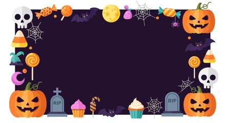 Colorful Halloween background with pumpkins, skulls, candies, cupcakes, bats, cobwebs, and tombstones. Fun festive design perfect for party invitations, posters, and seasonal decorations