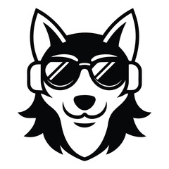 Black and white graphic illustration of a cool wolf wearing sunglasses and headphones animal