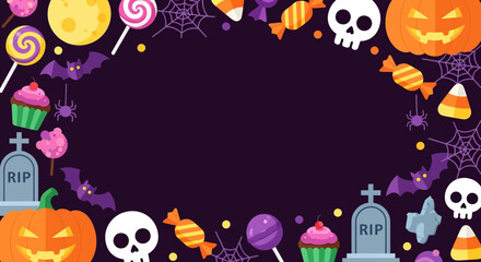 Colorful Halloween background with pumpkins, skulls, candies, cupcakes, bats, cobwebs, and tombstones. Fun festive design perfect for party invitations, posters, and seasonal decorations
