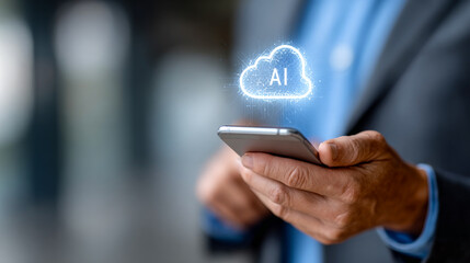 Man with smartphone and AI cloud. A man holds a smartphone displaying an artificial intelligence cloud symbol, showcasing modern technology in use.