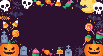 Colorful Halloween background with pumpkins, skulls, candies, cupcakes, bats, cobwebs, and tombstones. Fun festive design perfect for party invitations, posters, and seasonal decorations