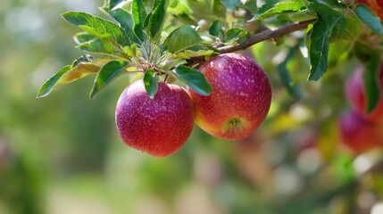 Obraz premium Sweet Temptation: A close-up of vibrant red apples hanging from a branch, glistening with freshness amidst lush green foliage, embodies the essence of nature's bounty.