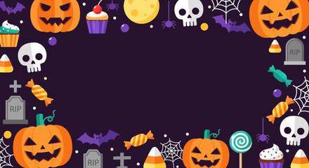 Colorful Halloween background with pumpkins, skulls, candies, cupcakes, bats, cobwebs, and tombstones. Fun festive design perfect for party invitations, posters, and seasonal decorations
