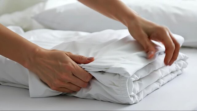 Person hands folding white bedding linens home textile organization. Domestic housekeeping laundry care concept. Housekeeping services textile care home organization banner