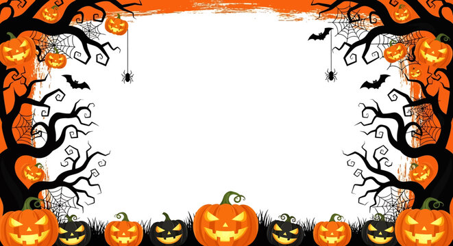 Halloween background with glowing jack-o’-lantern pumpkins, haunted trees, cobwebs, spiders, and flying bats on a spooky purple backdrop. Perfect design for party invites and posters