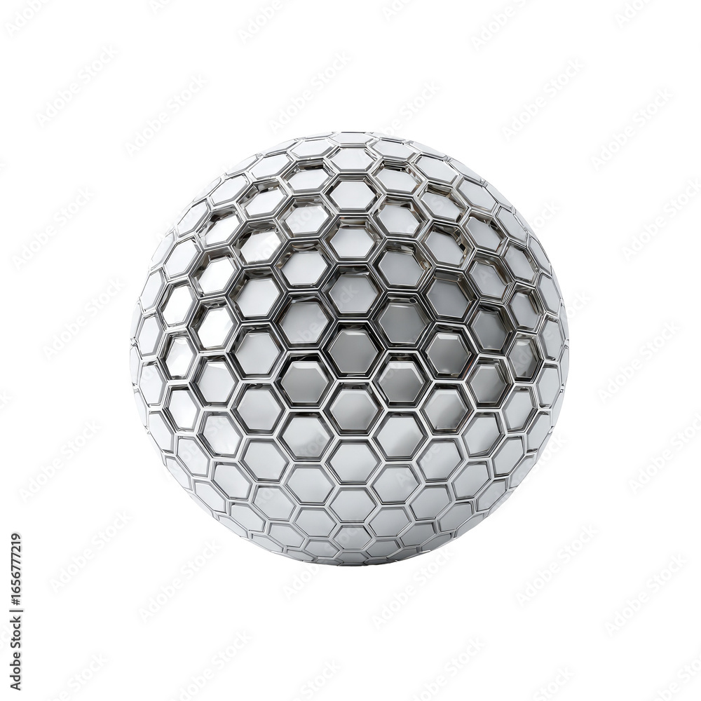 Poster a polished, metallic sphere, exhibiting a hexagonal grid pattern. the sphere's surface is smooth and
