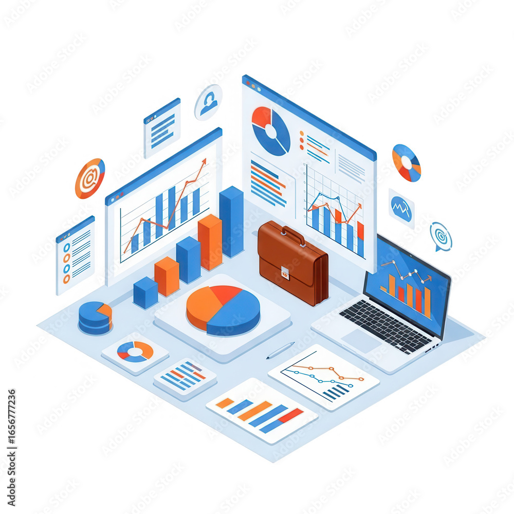 Aufkleber isometric business analytics and data visualization isolated on transparent background