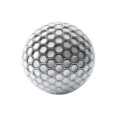 A polished, metallic sphere, exhibiting a hexagonal grid pattern.  The sphere's surface is smooth and reflective, creating a highly detailed 3D effect
