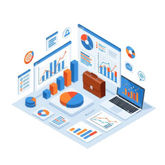 Isometric business analytics and data visualization isolated on transparent background