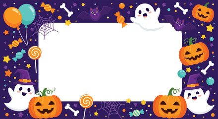 Cute Halloween frame background with pumpkins, ghosts, bats, balloons, candy, spider webs, and stars on purple border. Perfect festive template for party invitation or greeting card