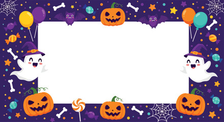 Cute Halloween frame background with pumpkins, ghosts, bats, balloons, candy, spider webs, and stars on purple border. Perfect festive template for party invitation or greeting card