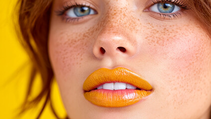 Naklejka premium Vibrant makeup on model. Model with bright yellow lips and striking blue eyes poses against a bold yellow backdrop, highlighting her features.
