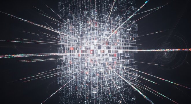 Digital Data Network Abstract Cube Structure with Glowing Lines