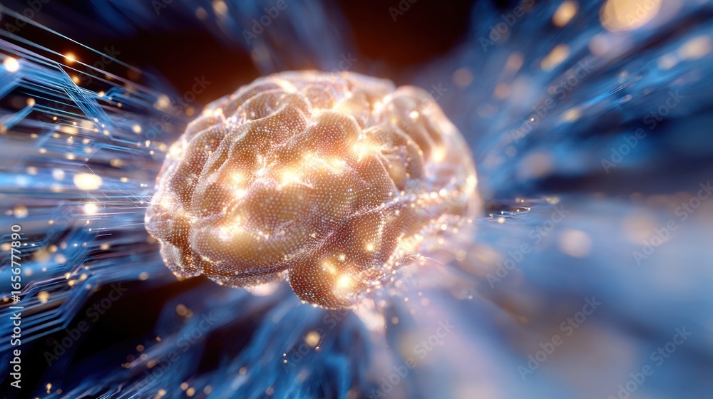 Poster thinking process visualization: a luminous brain radiates energy, encircled by a vibrant network of 