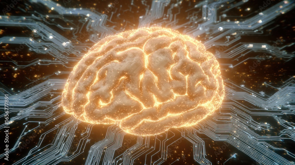 Poster digital brain concept: an illuminated, radiant brain is at the center, integrated with a network of 