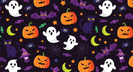 Colorful seamless Halloween pattern with pumpkins, witch hats, cauldrons, skulls, candy, bats, crosses, and tombstones. Perfect spooky background for party, decorations, and festive design
