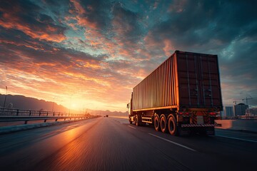 Obraz premium A large semi-truck carrying a container on a highway at sunset
