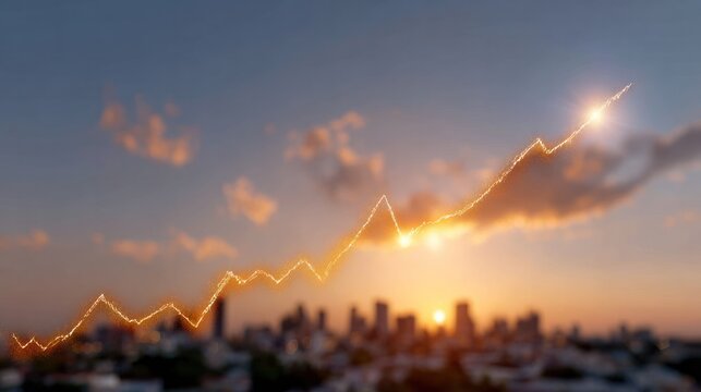 Financial Growth Curve: A vibrant digital curve representing financial growth ascends dynamically against the silhouette of a cityscape during sunrise, signaling progress and prosperity.