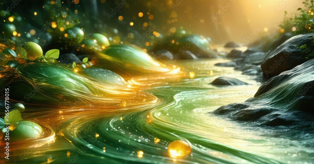 Poster magical stream flows through lush landscape. glowing orbs illuminate rocks, foliage, creating ethere