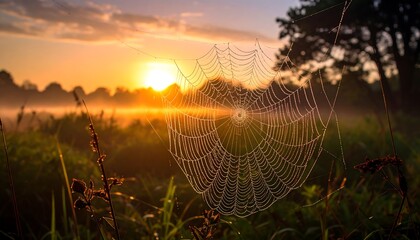 Sunrise spiderweb in dewy meadow