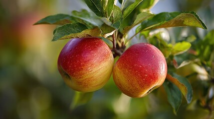 Juicy Apple Duet on a Branch: Two ripe apples, flushed with a vibrant red and golden hue, hang invitingly from a leafy branch, whispering promises of a sweet and crisp taste.
