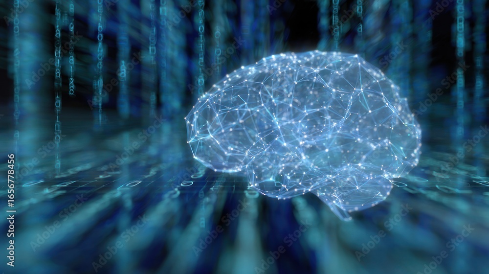 Poster digital brain: a stylized illustration of a human brain composed of interconnected nodes, symbolizin