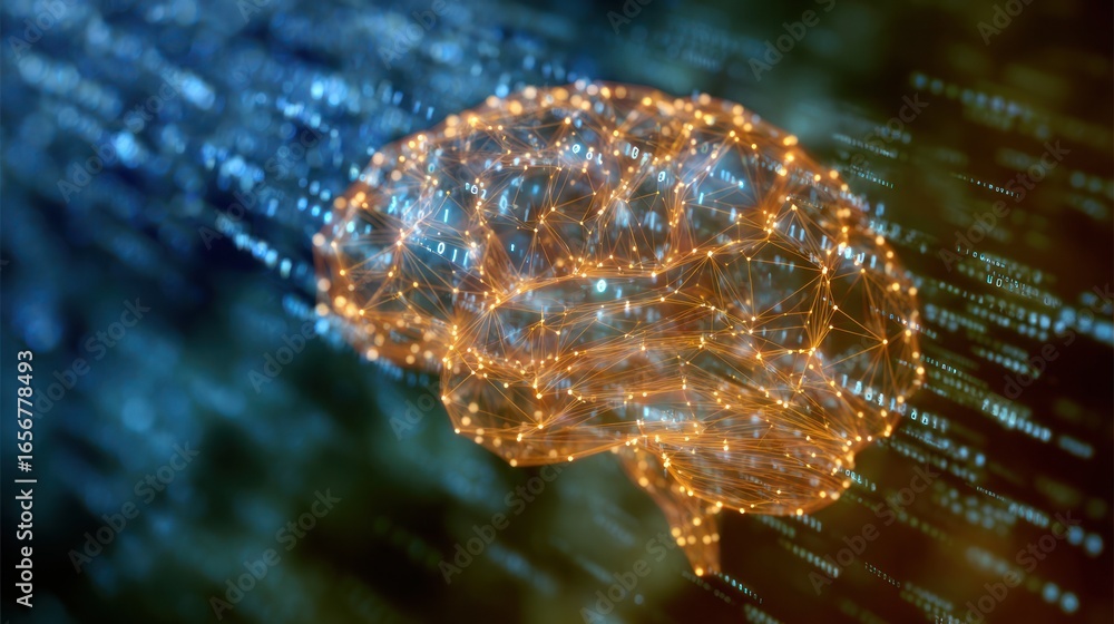 Poster illuminating the mind: a glowing digital rendering of a human brain pulsates with energy, set agains