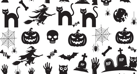 Seamless Halloween pattern with black silhouettes of pumpkins, witches, bats, cats, skulls, spiders, webs, graves, and owls. Perfect spooky design for Halloween decorations and backgrounds