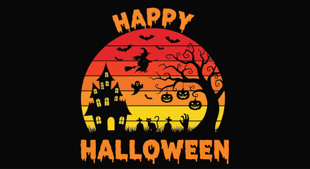 Spooky Halloween illustration with haunted house, witch on broom, bats, ghost, pumpkins, graveyard, and creepy tree silhouette against orange sunset. Perfect festive design for Halloween decor