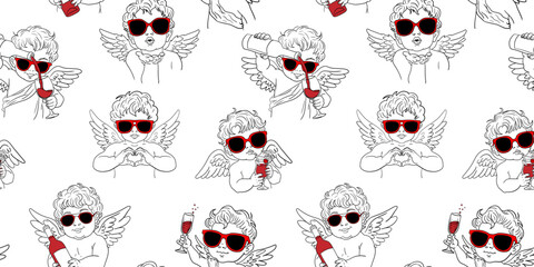 cute cupid seamless pattern valentines day angel with sunglasses holding wine bottle champagne cocktail romantic party design