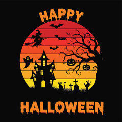 Spooky Halloween illustration with haunted house, witch on broom, bats, ghost, pumpkins, graveyard, and creepy tree silhouette against orange sunset. Perfect festive design for Halloween decor
