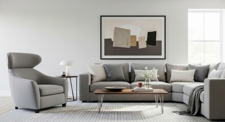 Fototapeta premium Modern living room interior with abstract art and comfortable seating arrangement