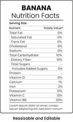Banana Nutrition Facts Label with Vitamins and Editable Text on White Background
