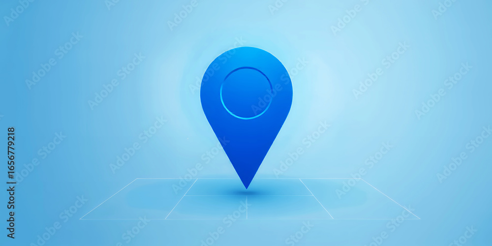 Poster a blue location pin on a light blue background indicating a specific point on a map system