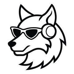 Black and white illustration of a cool wolf wearing sunglasses and headphones animal graphic