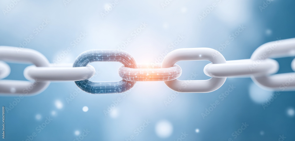 Poster connecting links with a digital touch. a chain link up close, featuring a digital element, shines ag