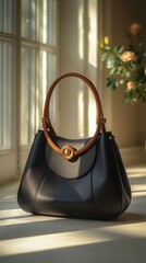 A black purse with a wooden handle on a neutral surface