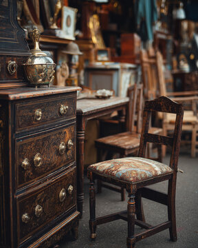 Charming vintage and antique items are displayed on a market stall at a European or British flea market, brocante or car boot sale. Background, copy space. Vertical portrait 4:5