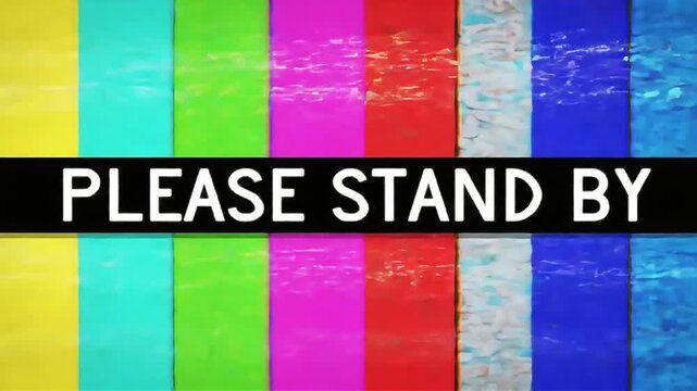 Dynamic Retro TV Broadcast Interruption: Please Stand By Message on Vibrant Color Bars with Glitch Static and Noise Effect