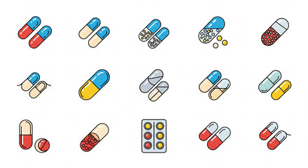 Pills and Capsules Vector Icons Set. Medical Drugs, Medication, Pharmacy, and Healthcare Symbols Collection.
