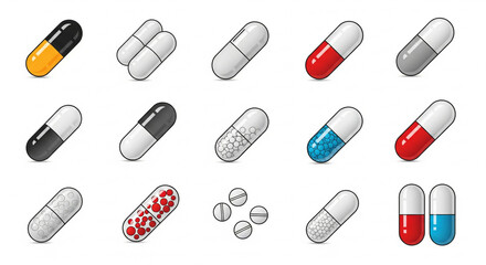 Diverse Medicine Pills and Capsules Vector Icon Set. Pharmaceutical Drug Collection for Healthcare & Wellness.