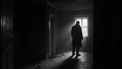Dark noir scene man in trench coat looking out window mystery concept