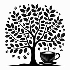 Conceptual Coffee Tree with Beans as Leaves and a Steaming Cup Silhouette Design for Cafe or Branding